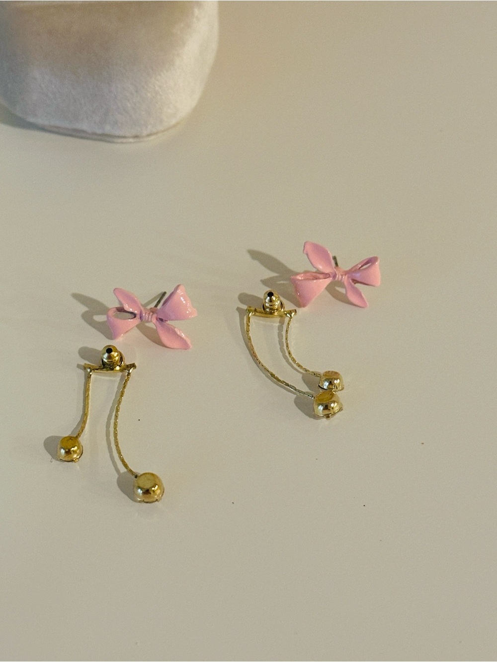 Fashion Jewelry Pink Bow and Gold Double-Drop Earrings